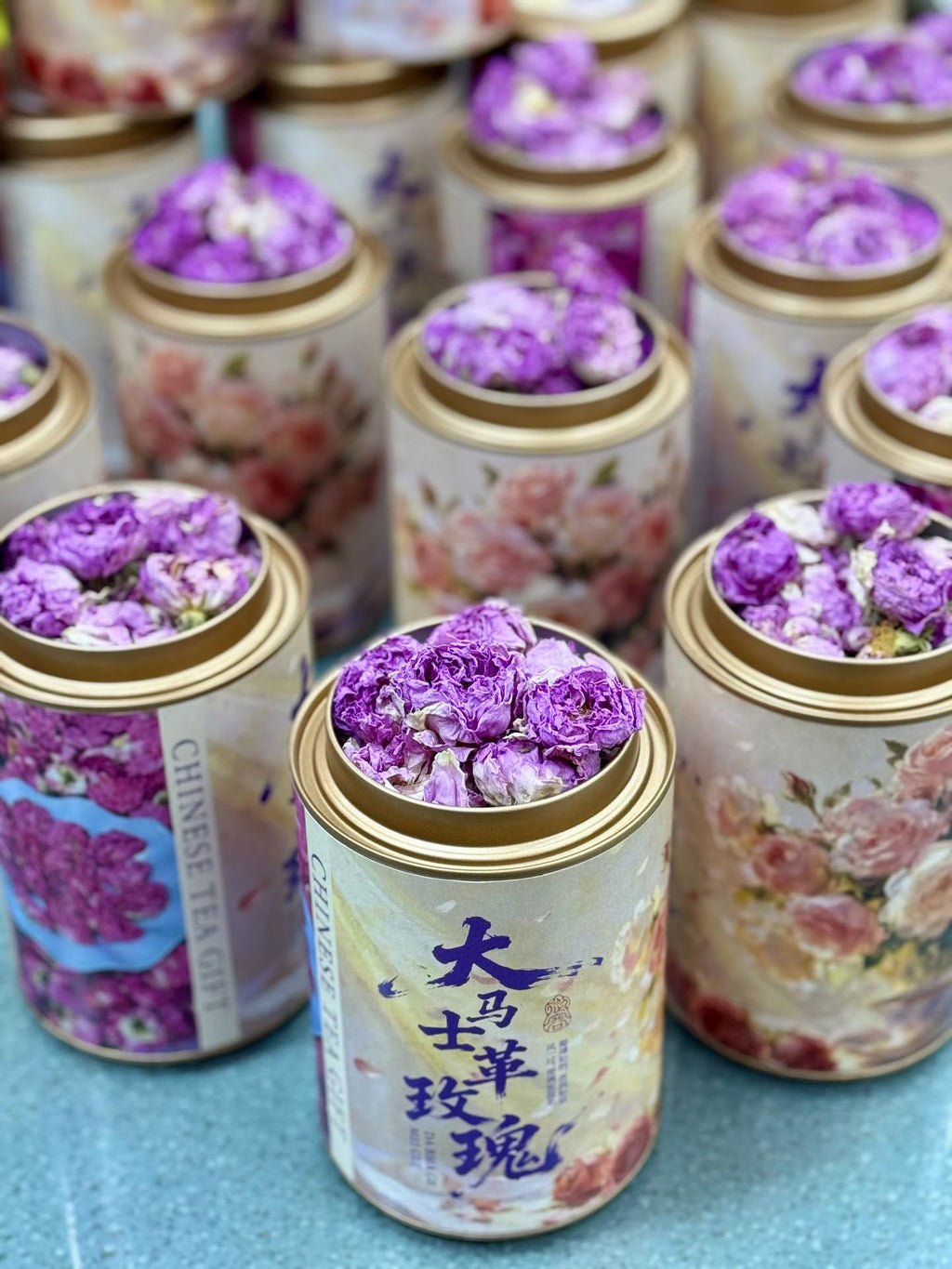 Damascus rose buds, whole flower, first harvest. One bud brews one full cup. Rich natural fragrance, soft pink liquor, gently sweet. 50g per jar.