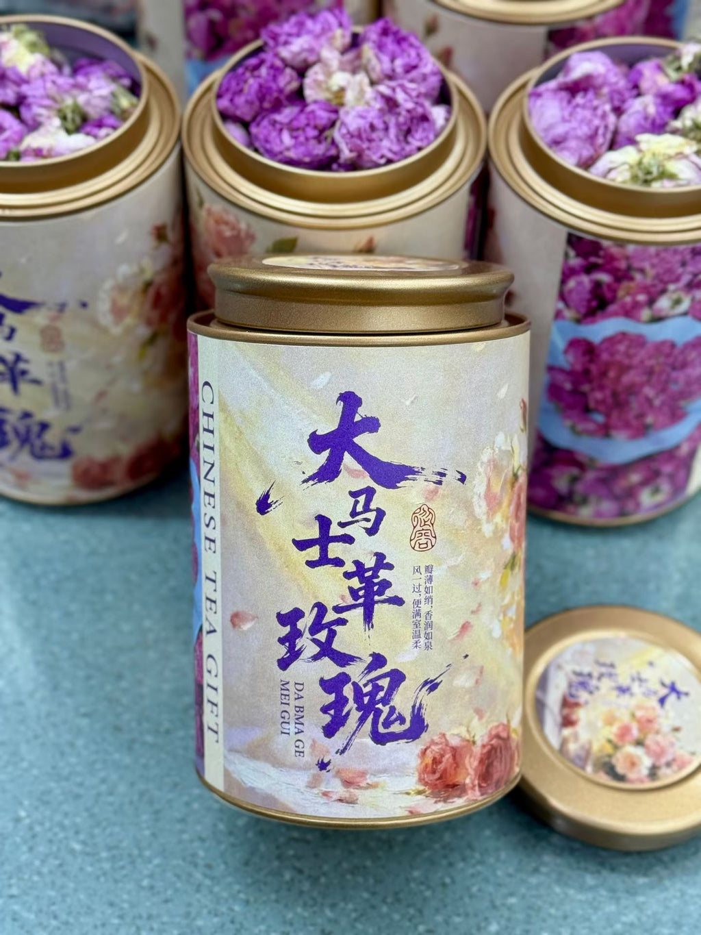 Damascus rose buds, whole flower, first harvest. One bud brews one full cup. Rich natural fragrance, soft pink liquor, gently sweet. 50g per jar.