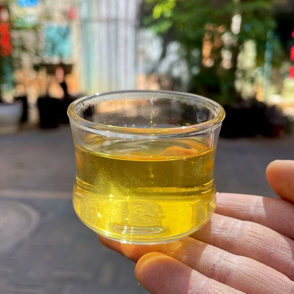 Golden Needle Black Tea 2026 New Harvest Hand holding a small glass of yellow liquid with a blurred outdoor background