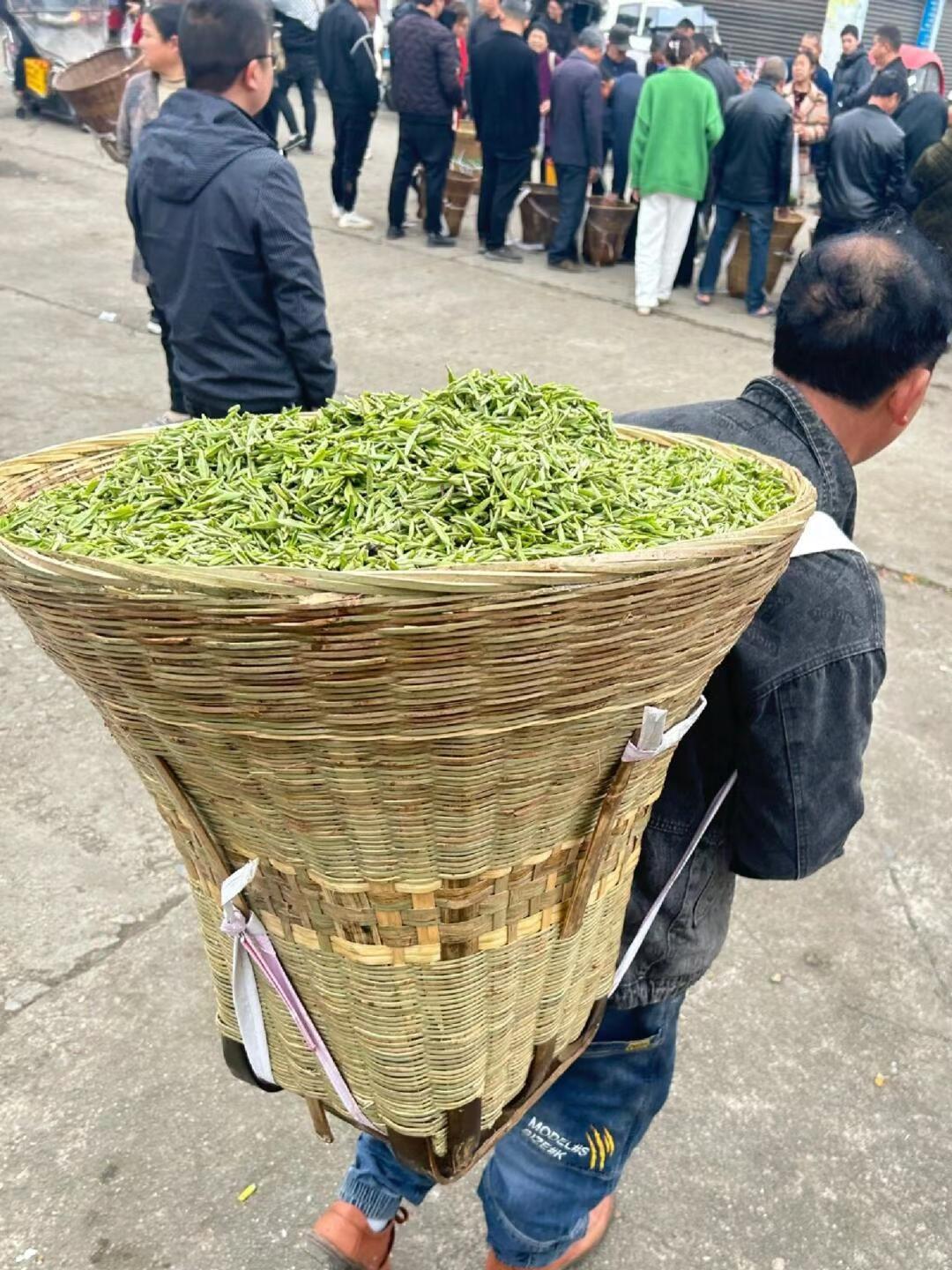 Person carrying a large woven basket filled with green leaves on a busy street.