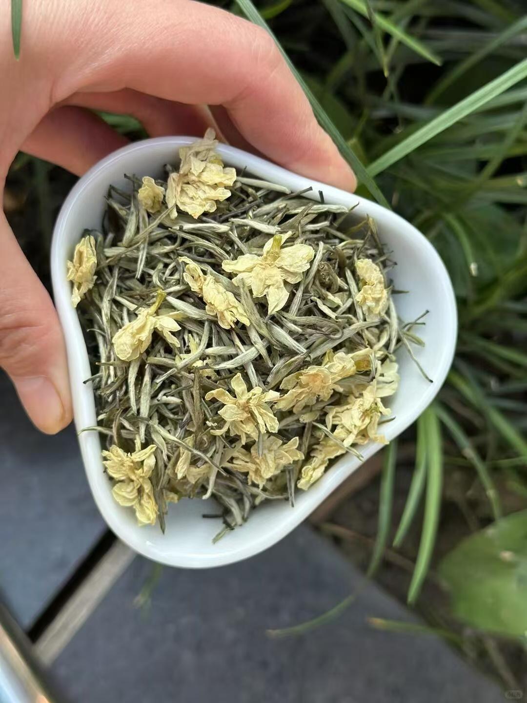 jasmine Needle King -- silver needle tea scented multiple rounds with fresh jasmine. Rock sugar sweet, 10+ steeps, fragrance that holds. 2026 spring harvest.