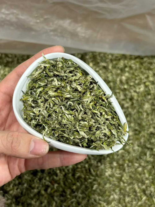 Hand holding a small white bowl filled with green tea leaves against a blurred green background. Mengding Ganlu · 2026 First Harvest | Ancient Mountain Green Tea from Sichuan