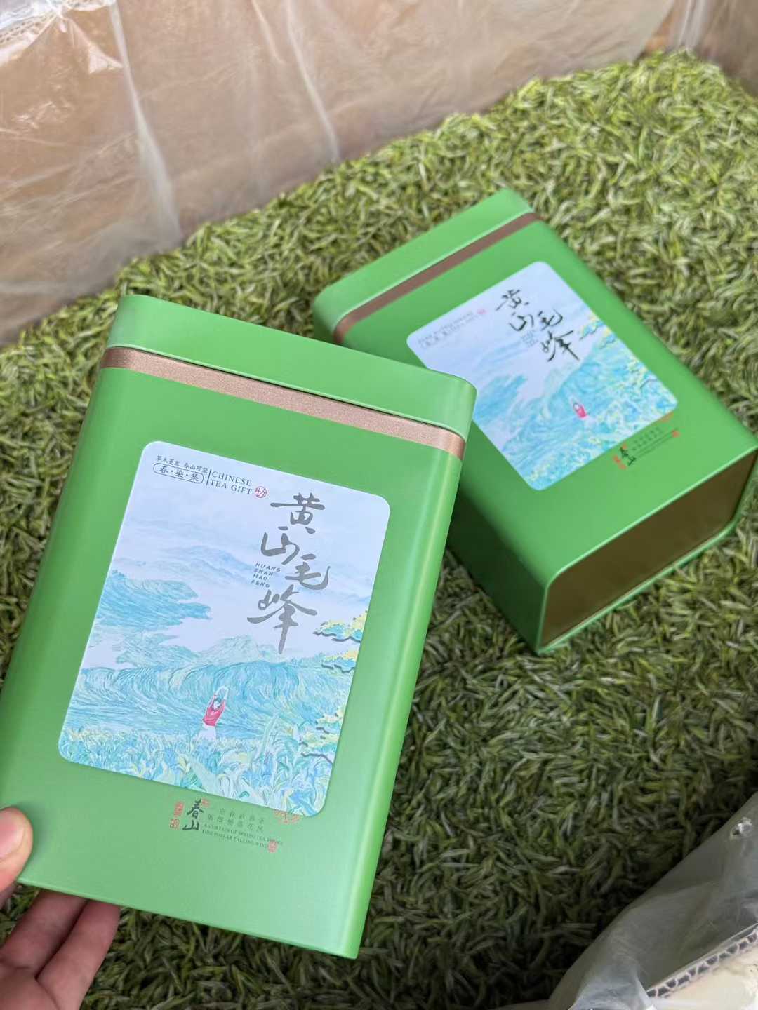 Two green tea boxes with scenic labels on a bed of green tea leaves. 2026 First Harvest Huangshan Maofeng – Early Spring Imperial Green Tea