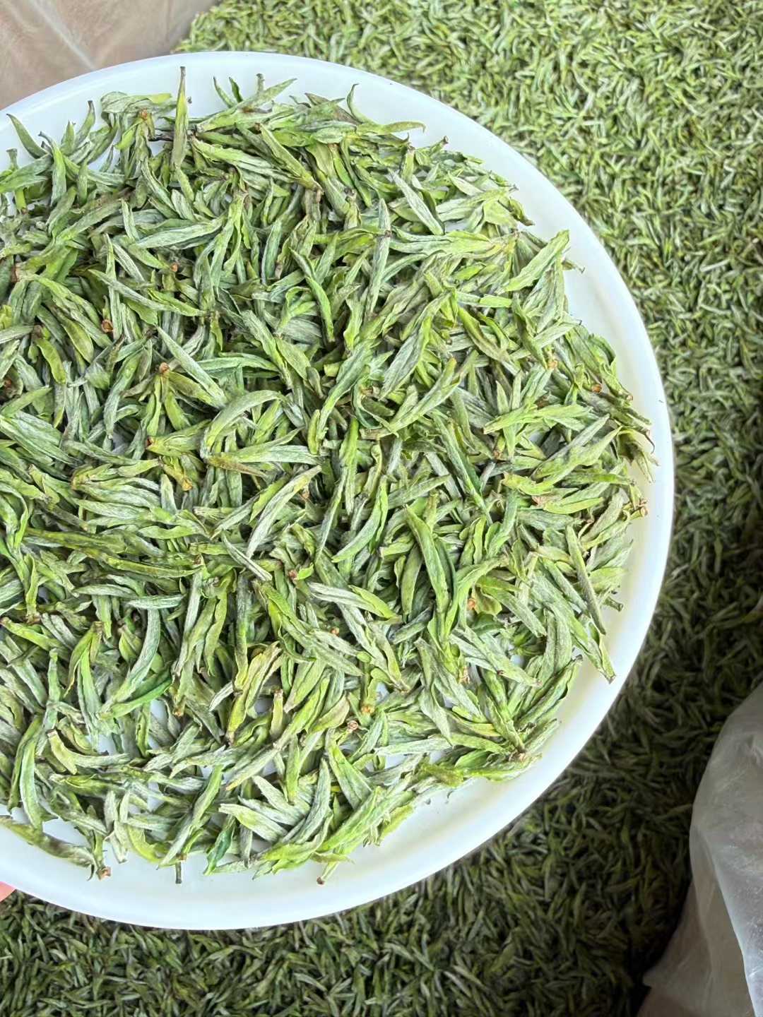 Green tea leaves in a white bowl with more tea leaves in the background,2026 First Harvest Huangshan Maofeng – Early Spring Imperial Green Tea