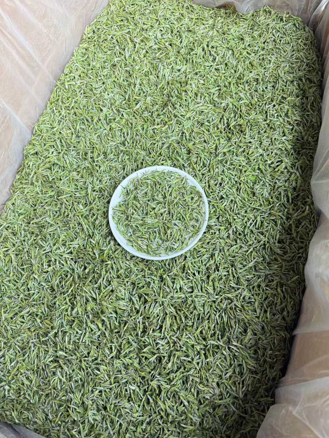 Green tea leaves in a white container on a textured surface. 2026 First Harvest Huangshan Maofeng – Early Spring Imperial Green Tea