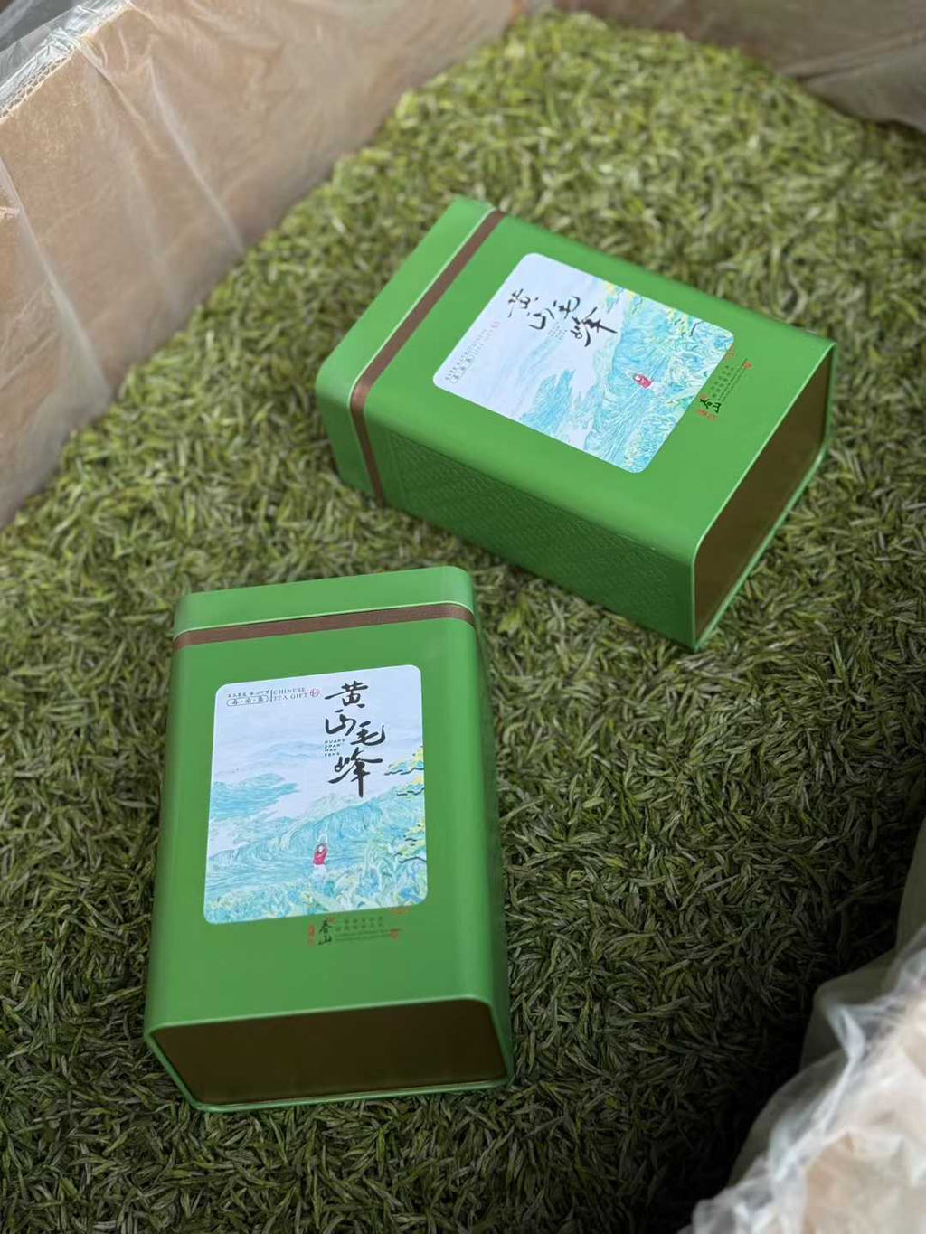 Two green tea boxes with labels on a bed of green tea leaves. 2026 First Harvest Huangshan Maofeng – Early Spring Imperial Green Tea