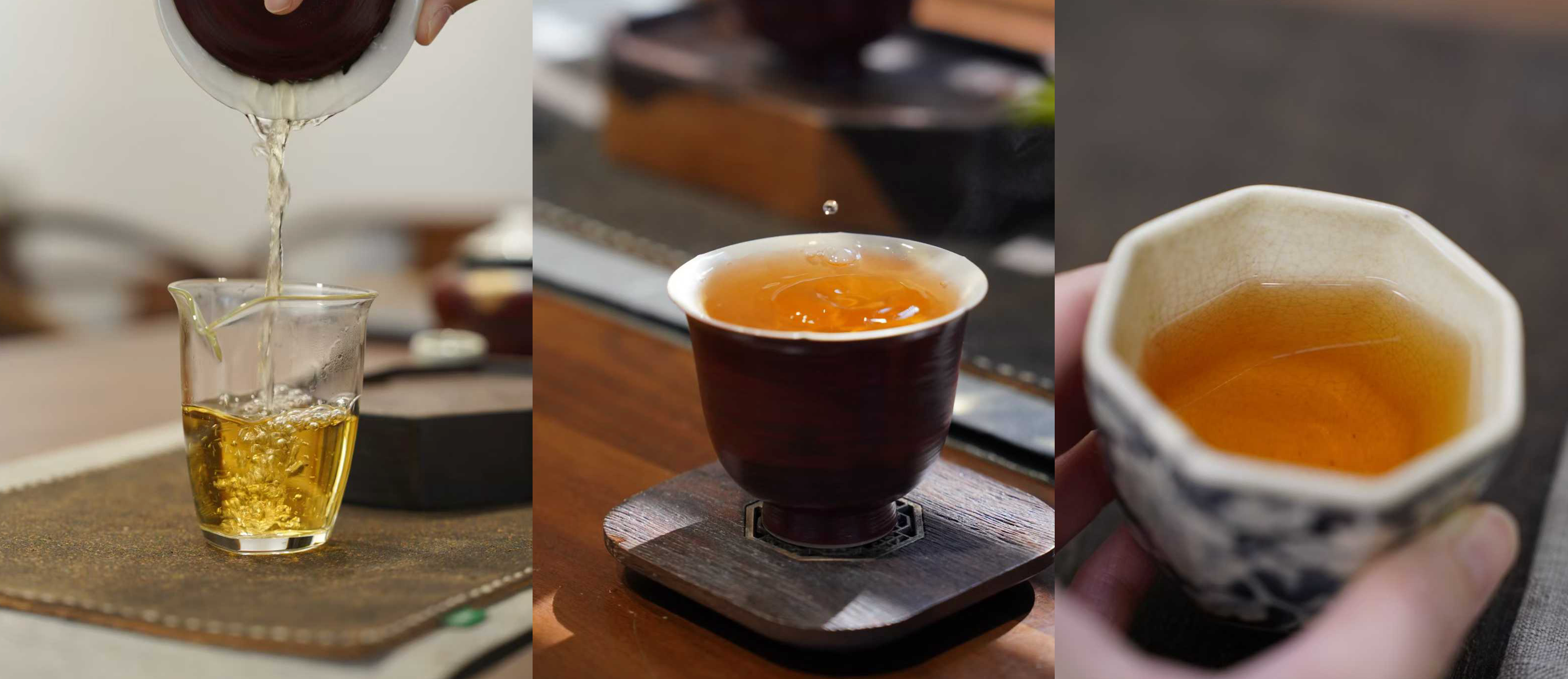 Tea being poured into a glass, tea cup with a teabag, and a hexagonal teacup with tea.