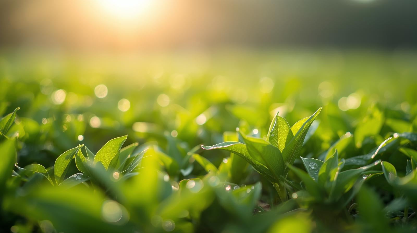 Close-up of green tea grass with sunlight filtering through, creating a serene atmosphere.